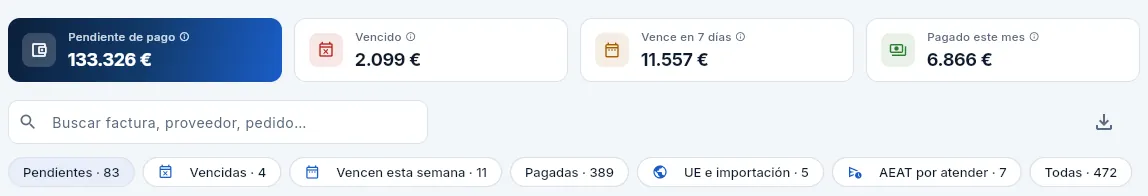Pagos a proveedores vista por Inés (Compras): ve las facturas y sus importes, pero no puede registrar facturas ni pagos.
