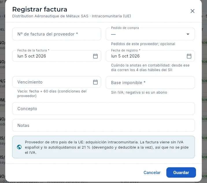 La factura de un proveedor francés: sin campo de IVA.