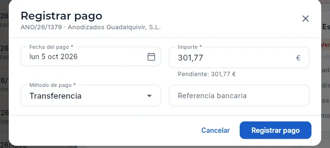 Registrar pago: la fecha y el importe pendiente vienen puestos.