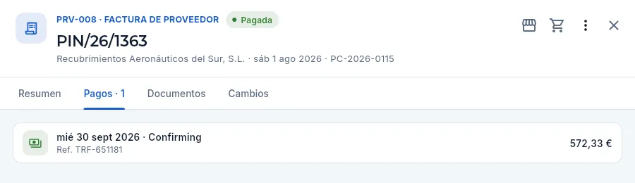 Pestaña «Pagos» de una factura ya pagada.