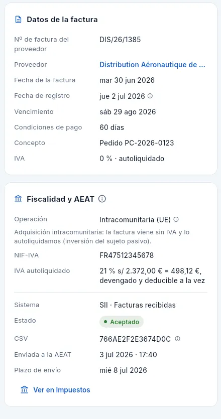 Una factura de Distribution Aéronautique de Métaux SAS (Francia): adquisición intracomunitaria.