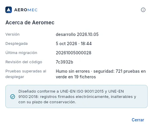 El diálogo «Acerca de Aeromec».