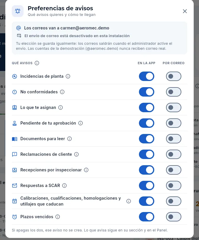 Las preferencias de avisos de Carmen.