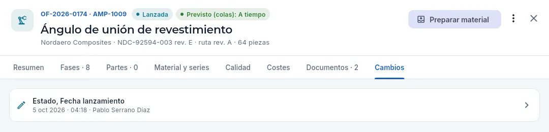 La pestaña «Cambios» de una OF recién lanzada.