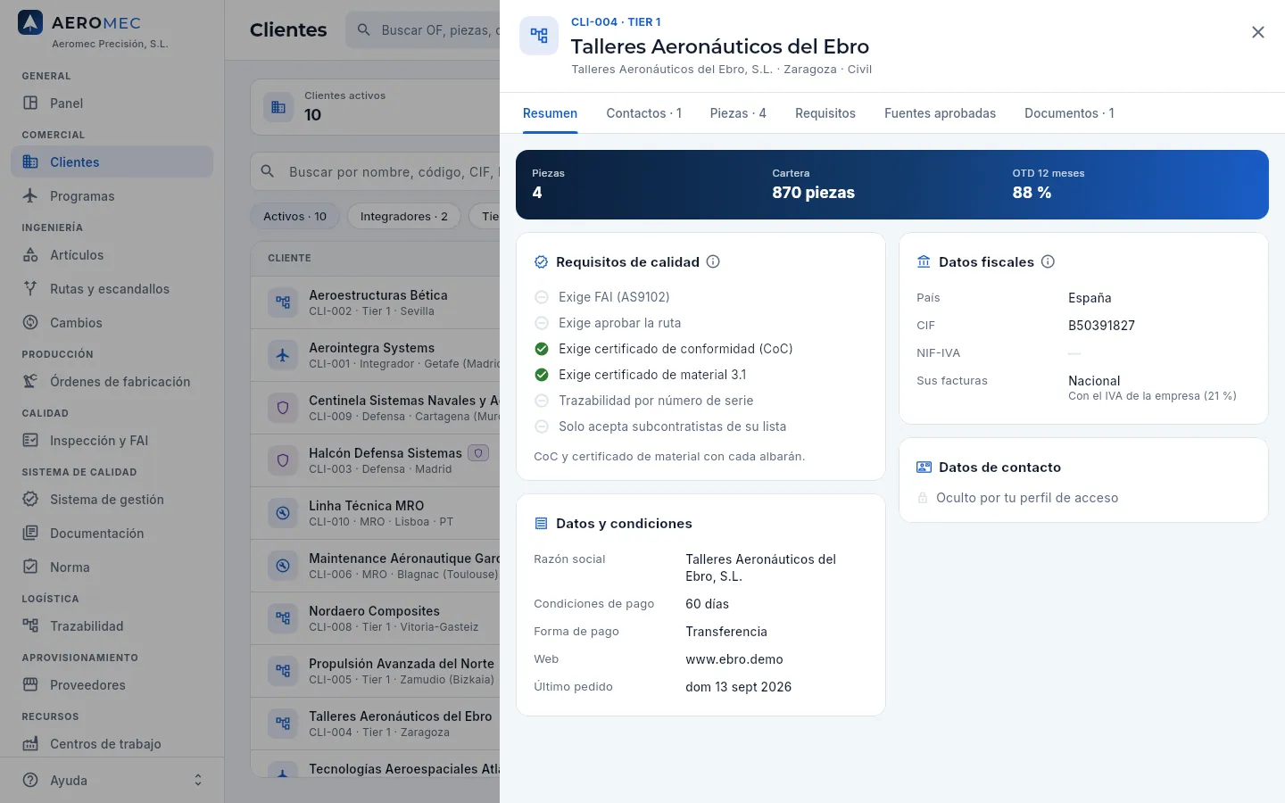 El mismo cliente visto por Lucía (Oficina técnica): sin datos de contacto, sin importes y sin poder editarlo.