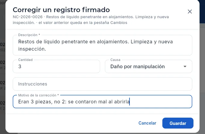 Corregir una NCR firmada: solo los datos que se pueden corregir y, obligatorio, el motivo.