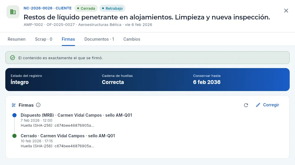 La pestaña «Firmas» de una NCR cerrada: la disposición del MRB y el cierre, los dos firmados por Calidad.