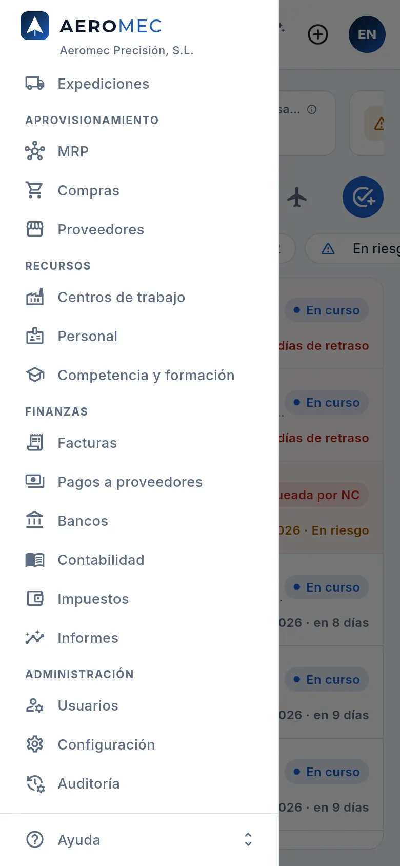 El cajón con las secciones, desplazado hasta el final.