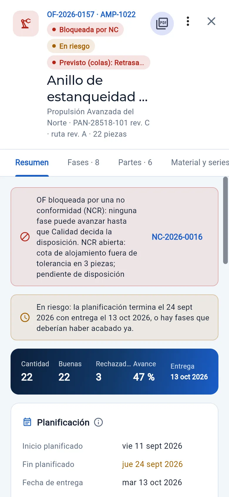 La ficha de una OF en el móvil, a pantalla completa.