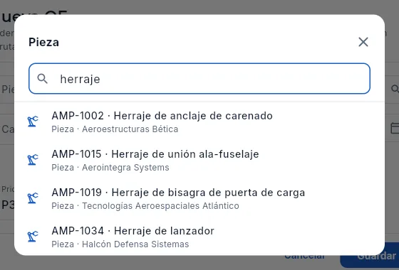 Elegir la pieza de una OF nueva.