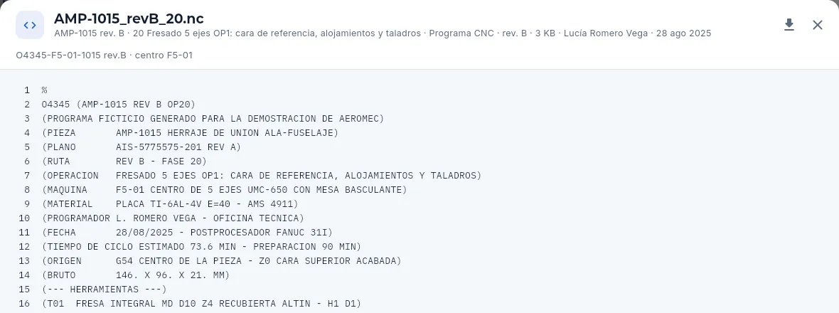Un programa CNC de la ruta AMP-1015 rev. B, como texto.