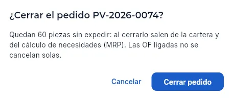 Cerrar un pedido con piezas pendientes: Aeromec avisa de lo que pasa.