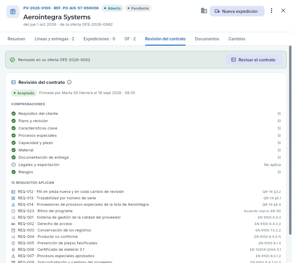 La pestaña «Revisión del contrato» de un pedido de Aerointegra Systems que se revisó en su oferta.
