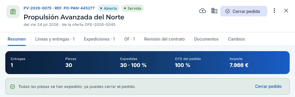 Un pedido servido por completo y aún abierto.