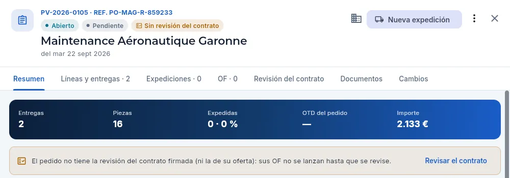 Un pedido dado de alta sin oferta y todavía sin revisar (en la demo, el de Maintenance Aéronautique Garonne).