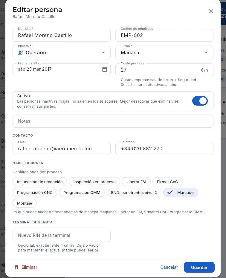 Editar persona: puesto, turno, coste, contacto, procesos y PIN de la terminal.
