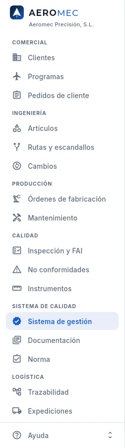 El menú del perfil Auditor externo.