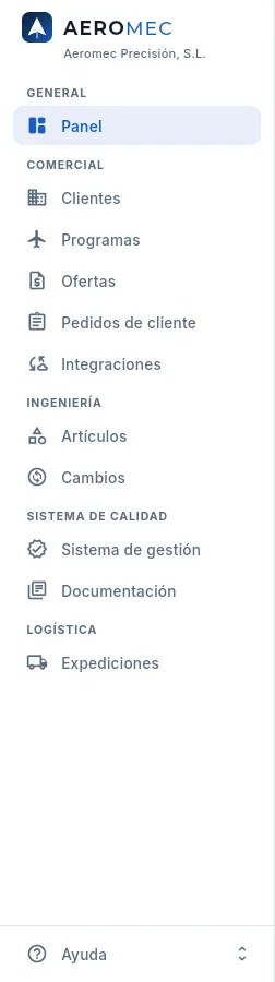 El menú del perfil Comercial.