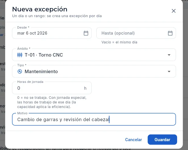 El formulario «Nueva excepción»: un mantenimiento de T-01 (sin guardar).
