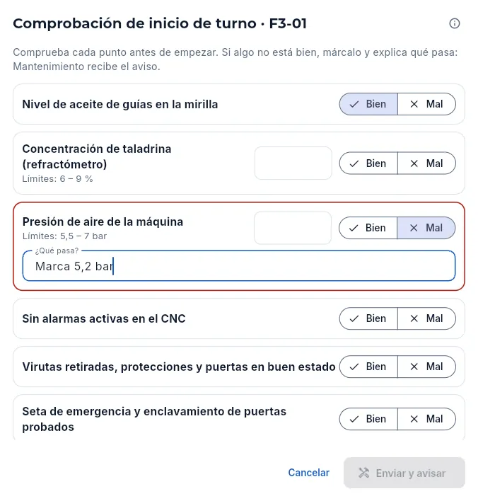 La comprobación de inicio de turno de F3-01, con un punto mal (sin enviar).