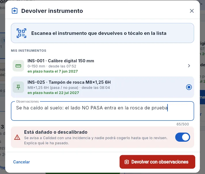 Devolver un instrumento dañado (sin confirmar).