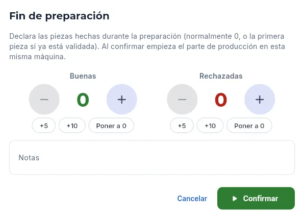 «Fin de preparación» (sin confirmar).