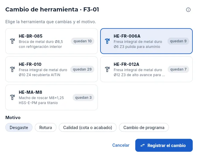 Cambio de herramienta en F3-01 (sin registrar).