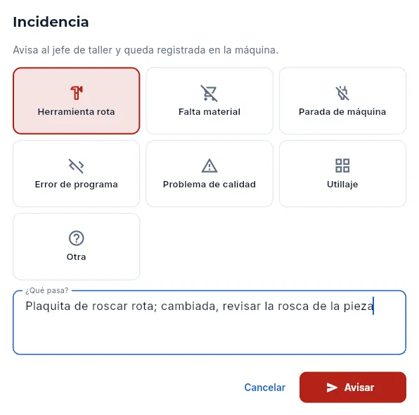 Avisar de una incidencia (sin enviar).