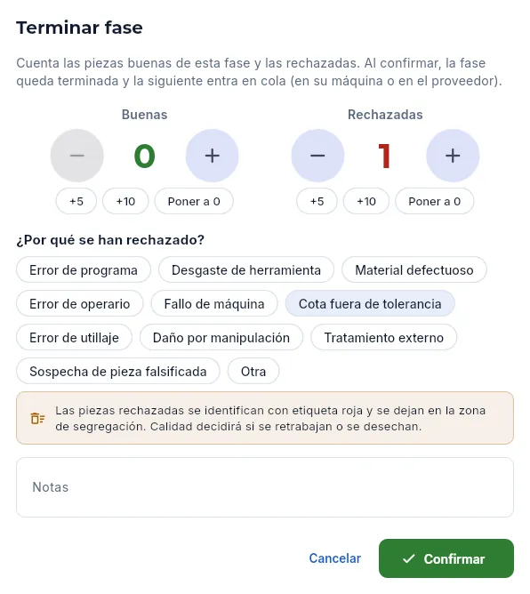 «Terminar fase» con una pieza rechazada (sin confirmar).