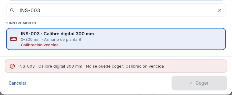 INS-003 tiene la calibración vencida: no se puede coger.