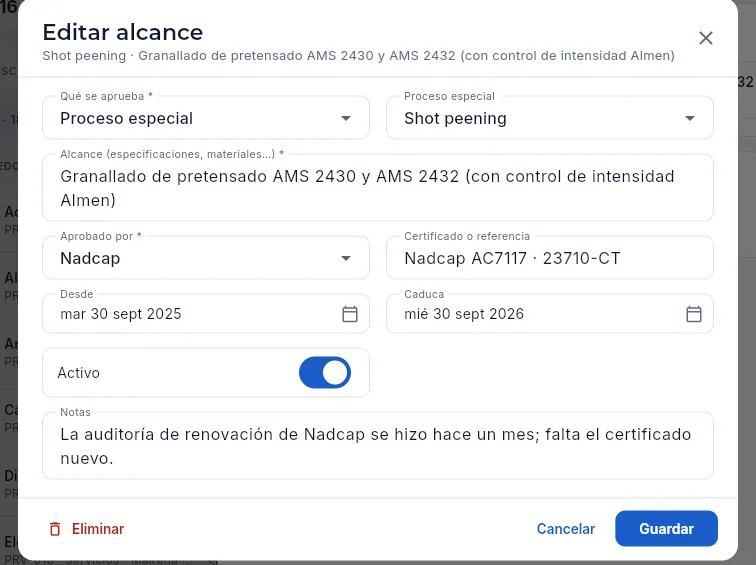 Editar el alcance caducado para registrar el certificado renovado (sin guardar).