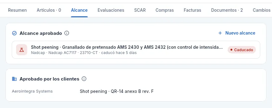 La pestaña «Alcance» de Granallados de Precisión: su Nadcap de granallado ha caducado.