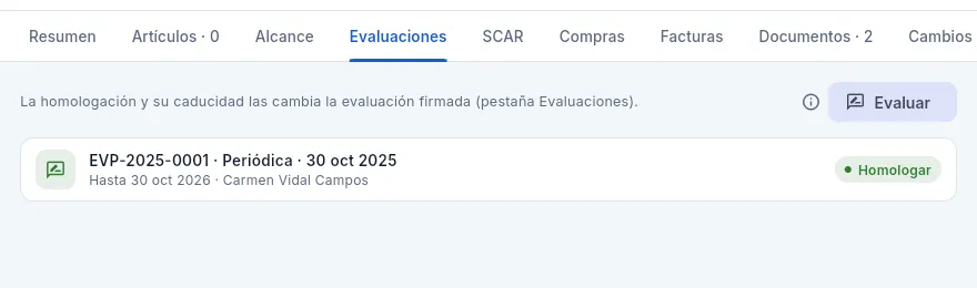La pestaña «Evaluaciones» de Granallados de Precisión: su homologación caduca este mes.