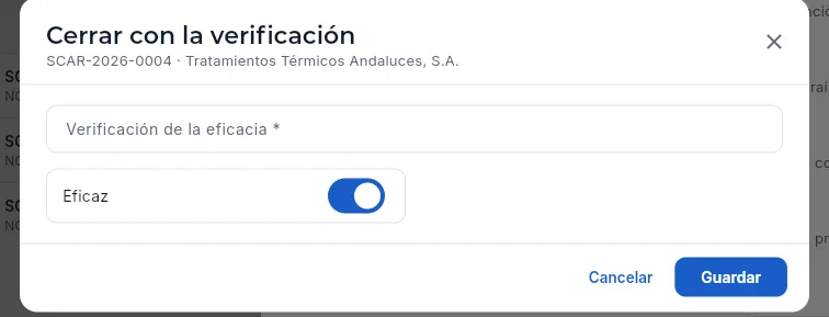 Cerrar la SCAR con la verificación de su eficacia (sin guardar ni firmar).