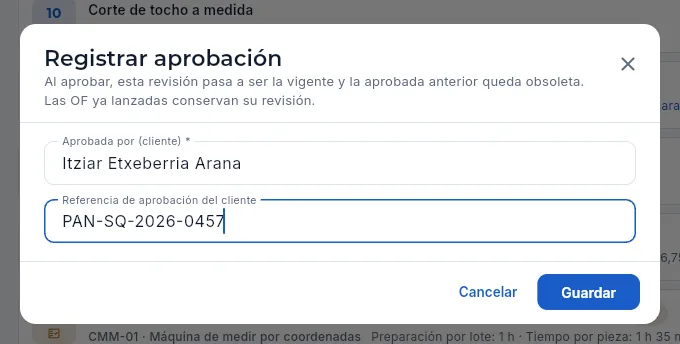 «Registrar aprobación» (sin guardar).