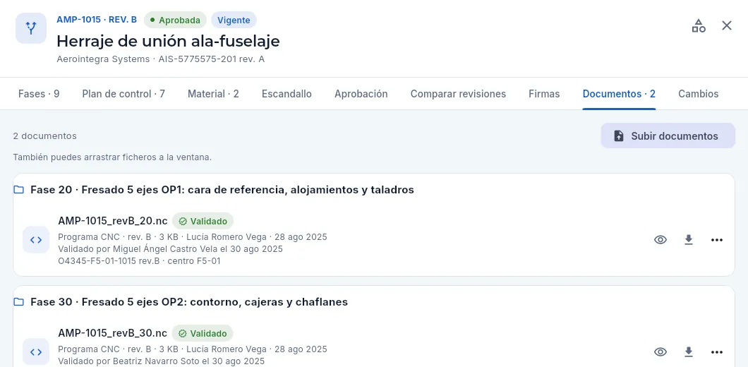 Los programas CNC de las fases 20 y 30 de AMP-1015 rev. B.