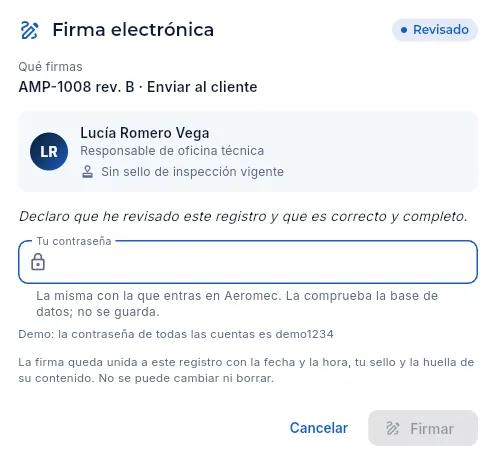 Lucía, de oficina técnica, firma el envío al cliente de AMP-1008 rev. B (sin firmar).