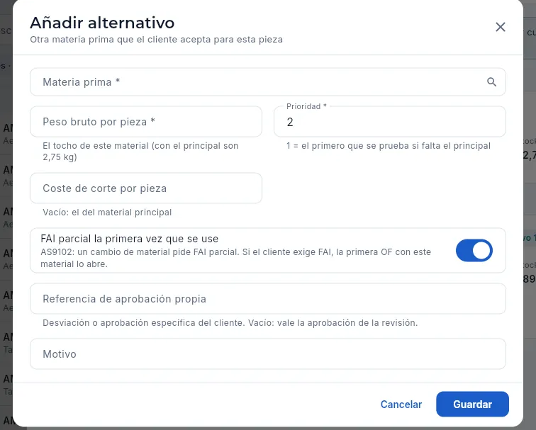El formulario «Añadir alternativo» (sin guardar).