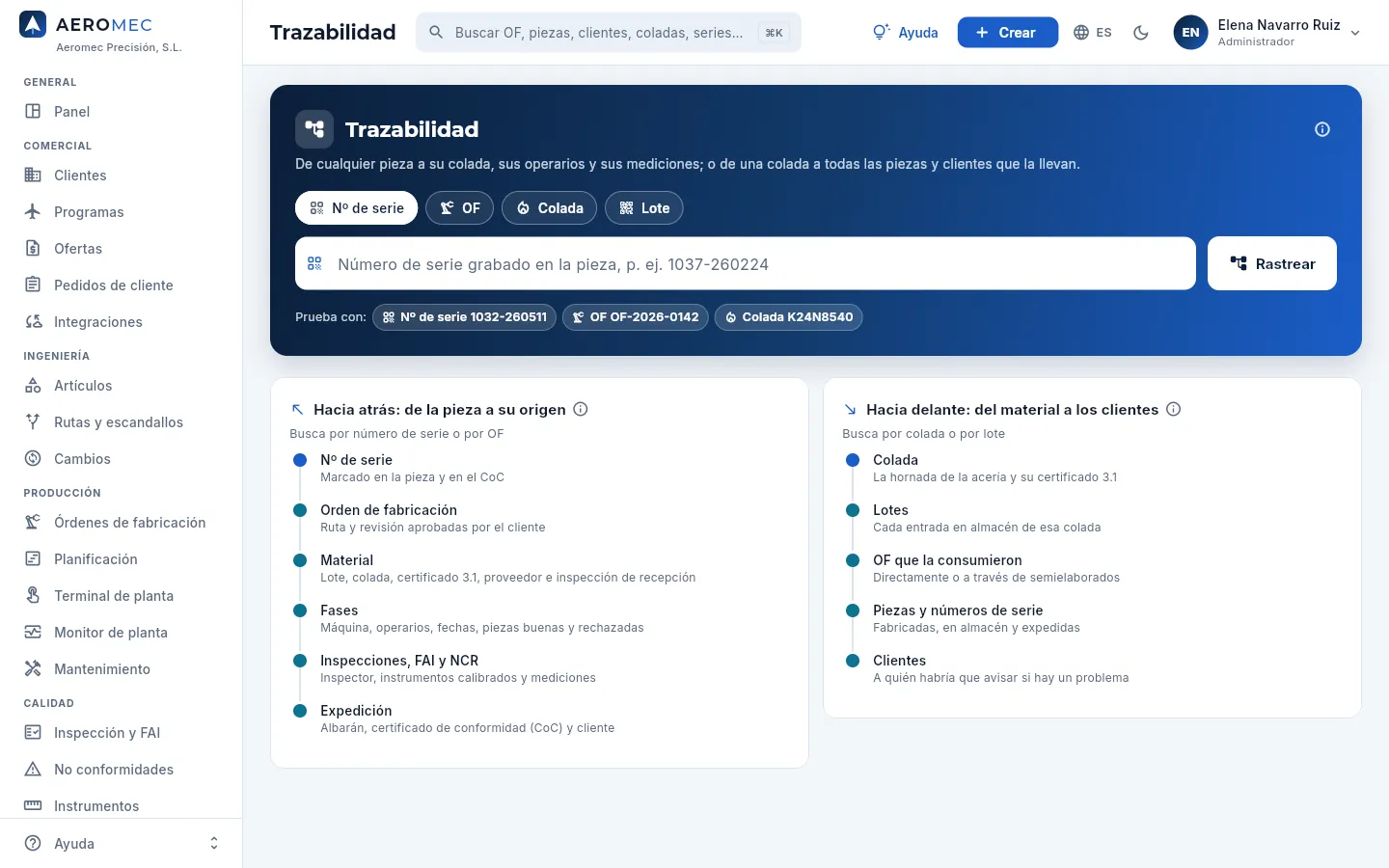 Trazabilidad antes de buscar: el tipo de búsqueda, el campo, los ejemplos y las dos direcciones.