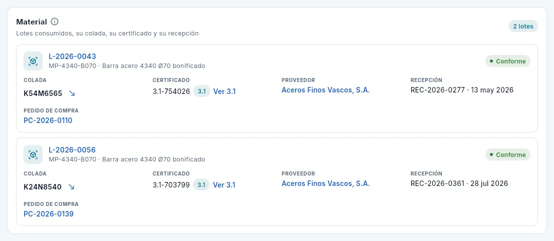 Segundo eslabón: el material, con su colada, su certificado 3.1 y su recepción.