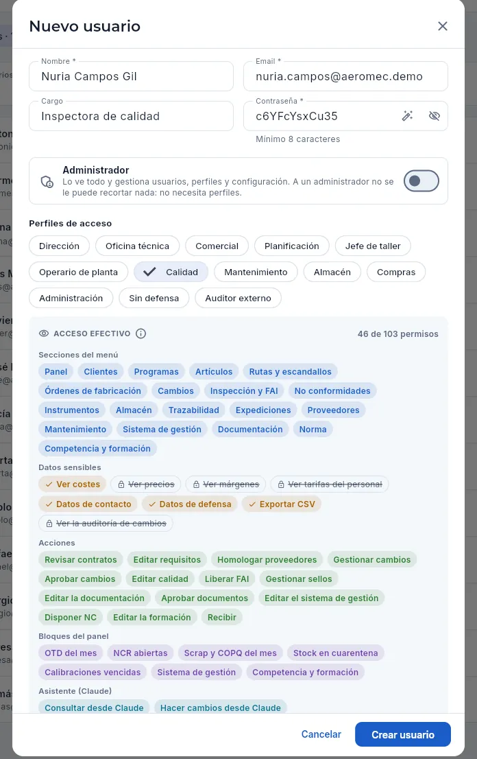El alta de una inspectora con el perfil Calidad: el recuadro Acceso efectivo muestra lo que podrá ver y hacer.