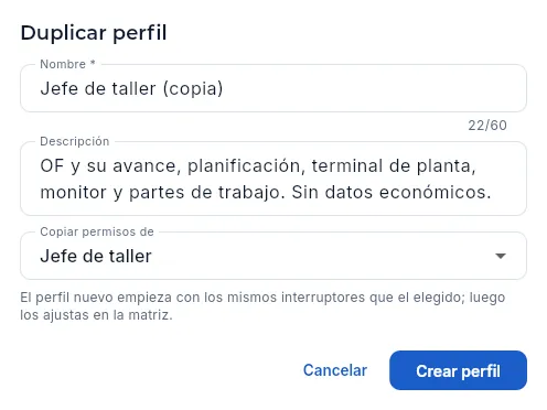 Duplicar el perfil Jefe de taller.