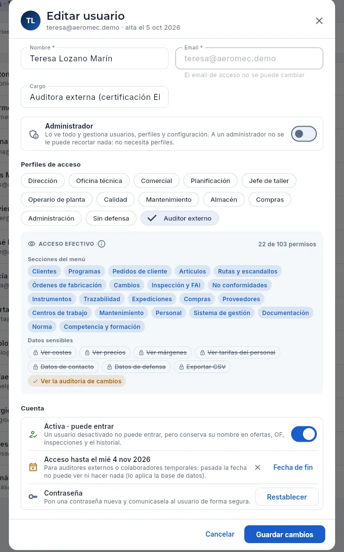 La ficha de Teresa Lozano, auditora externa: el perfil Auditor externo y su fecha de fin de acceso.