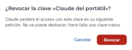 Revocar una clave pide confirmación.